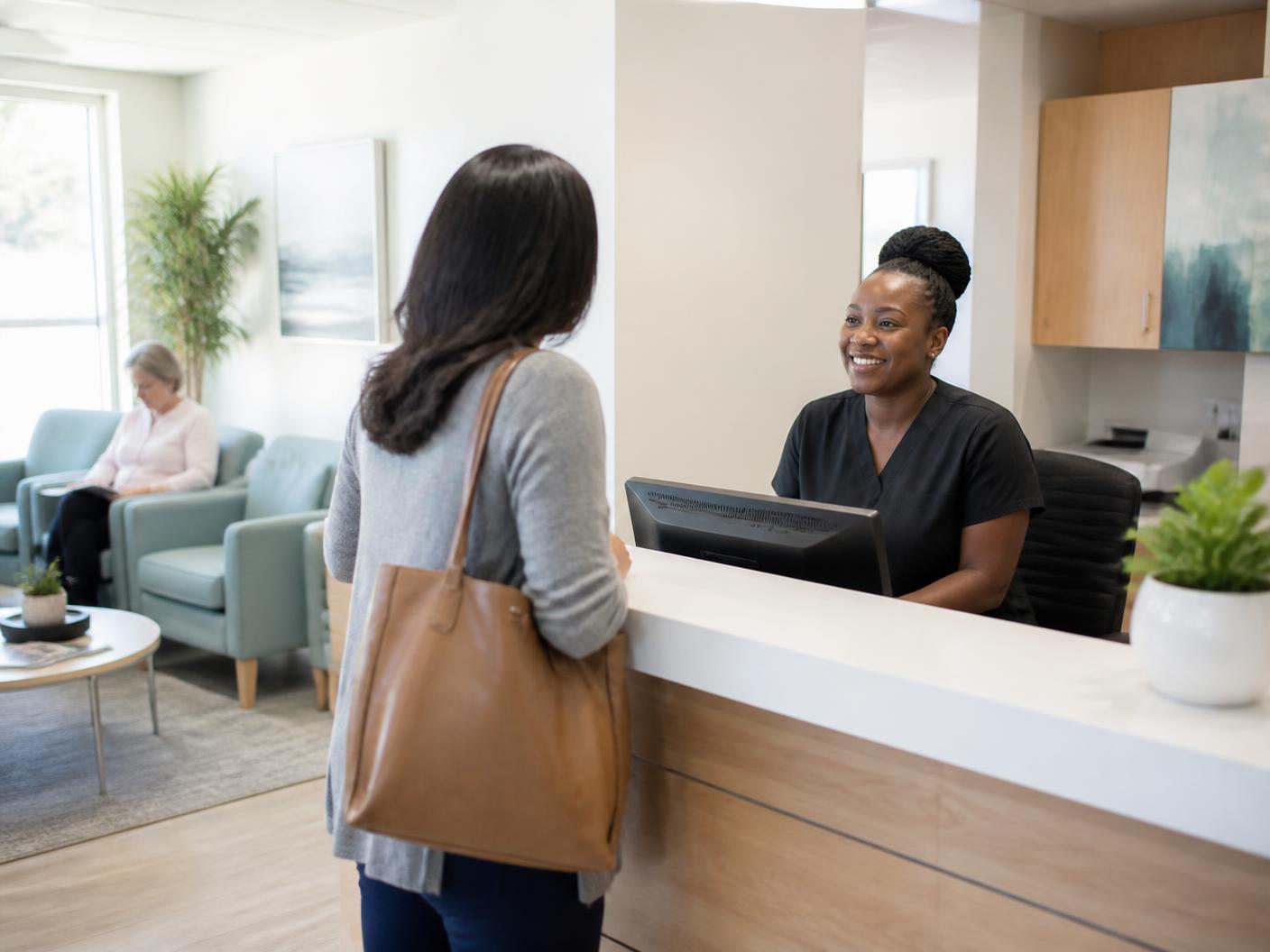 A staff member welcoming an arriving patient at a bright clinic reception desk