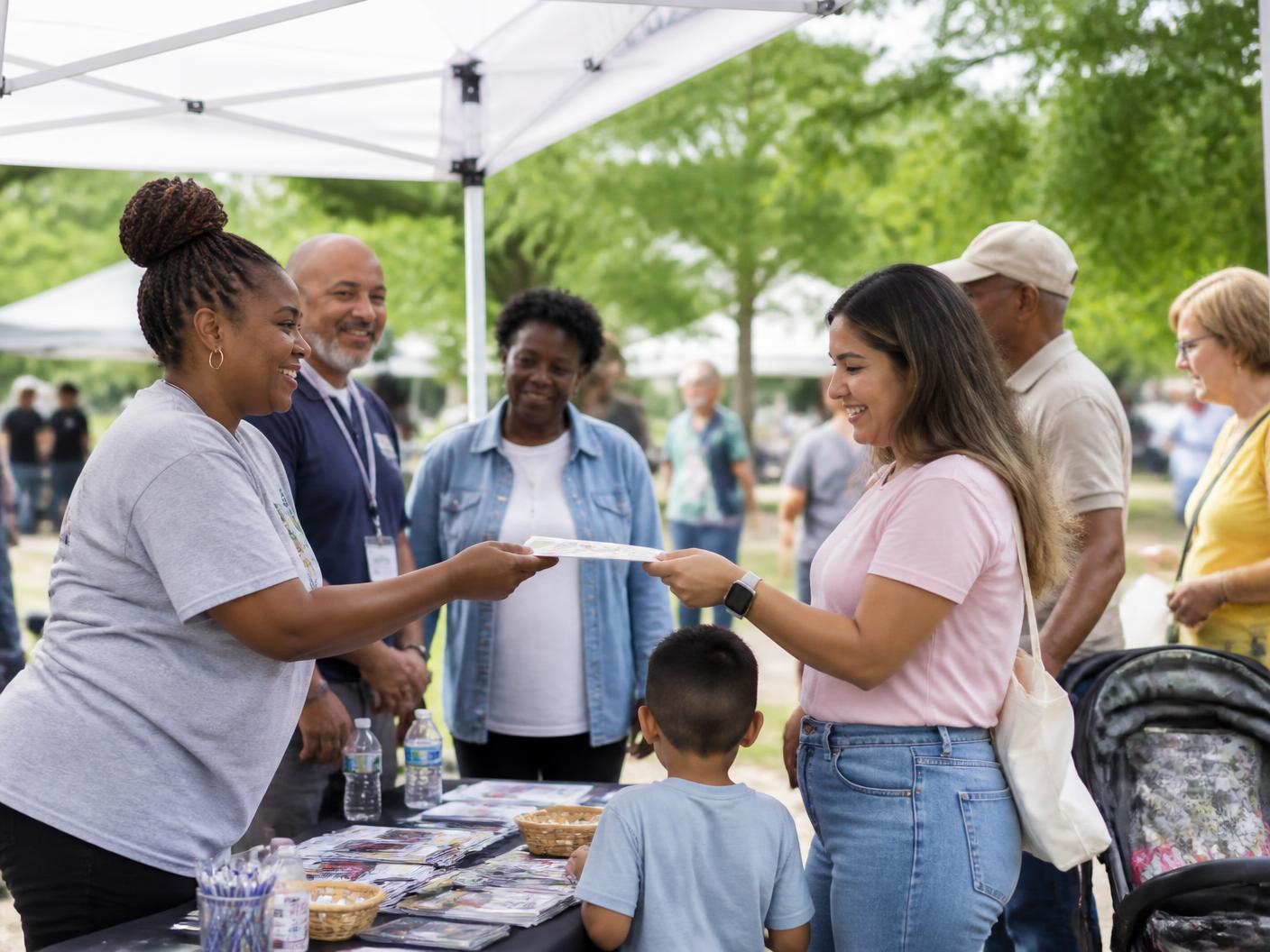 Community members talking with outreach staff at a neighborhood resource event