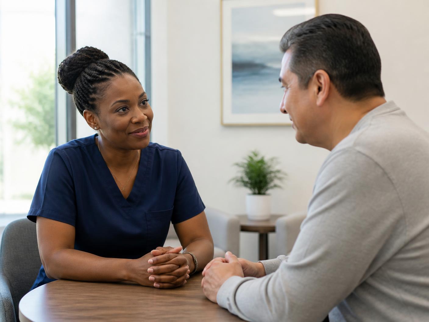 A clinician reviewing a treatment plan with a patient in a bright consultation room