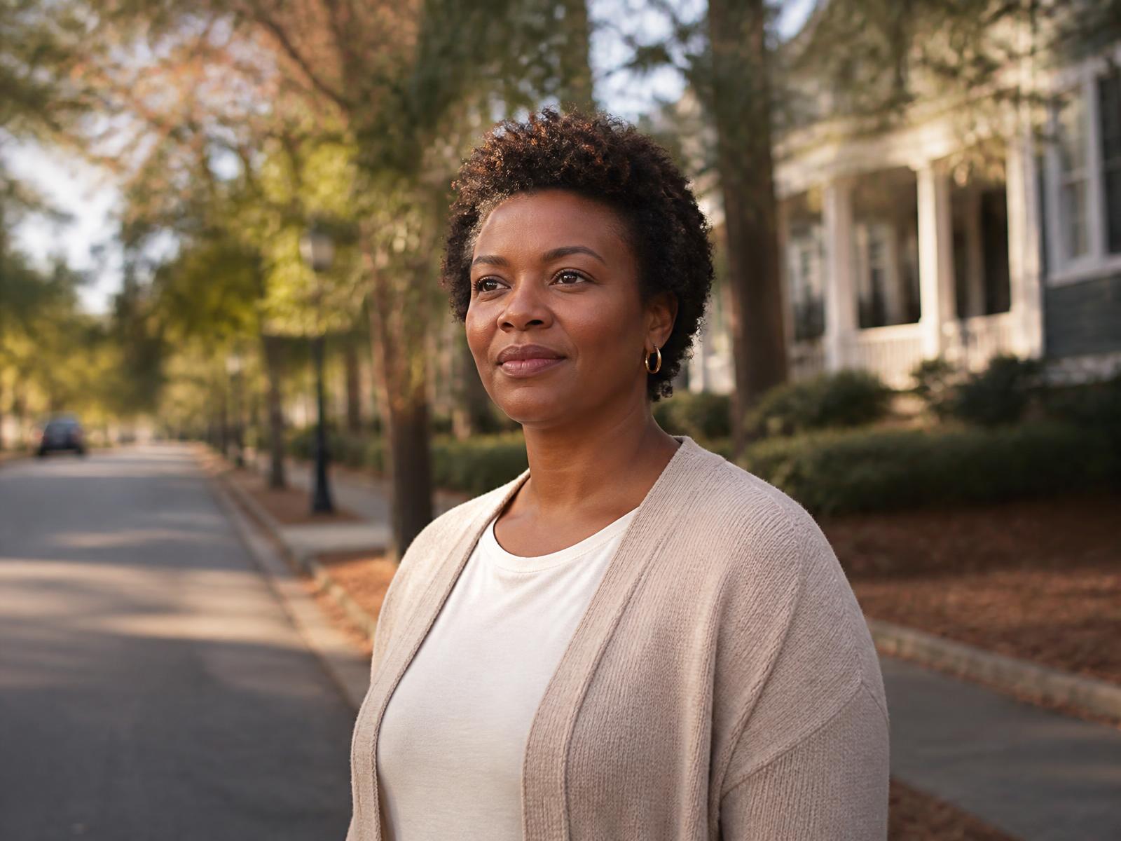 A woman standing outdoors in her neighborhood, looking ahead with quiet optimism