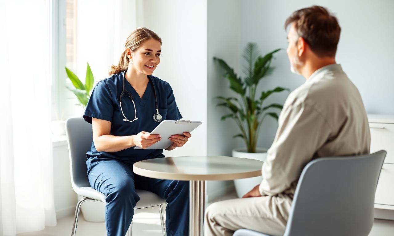 A nurse in navy scrubs reviewing a treatment plan with a patient at a table in a bright clinic room