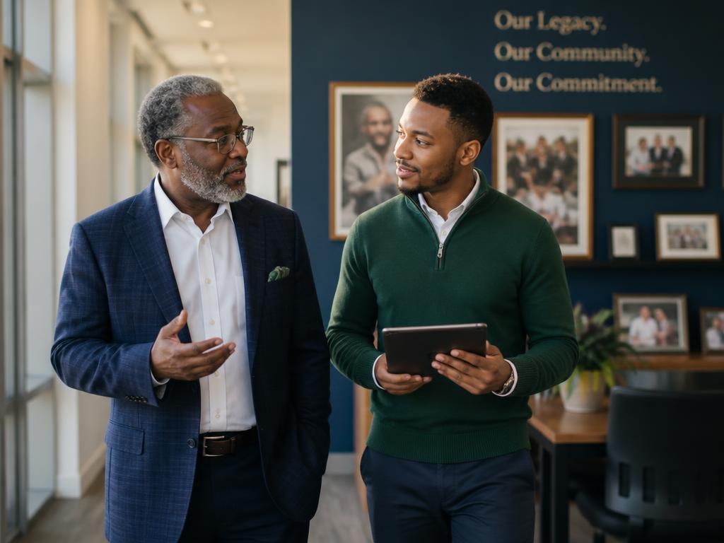 Two professionals of different generations walking and talking together in a contemporary office, symbolizing family-owned legacy, stewardship, and continuity of leadership